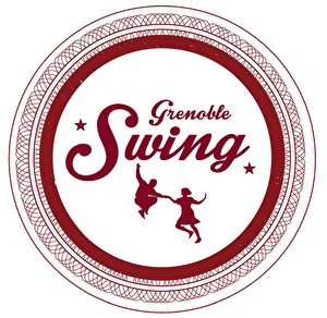Logo de Grenoble swing : rond bordeaux avec à l'intérieur le nom de l'association et un couple de danseur